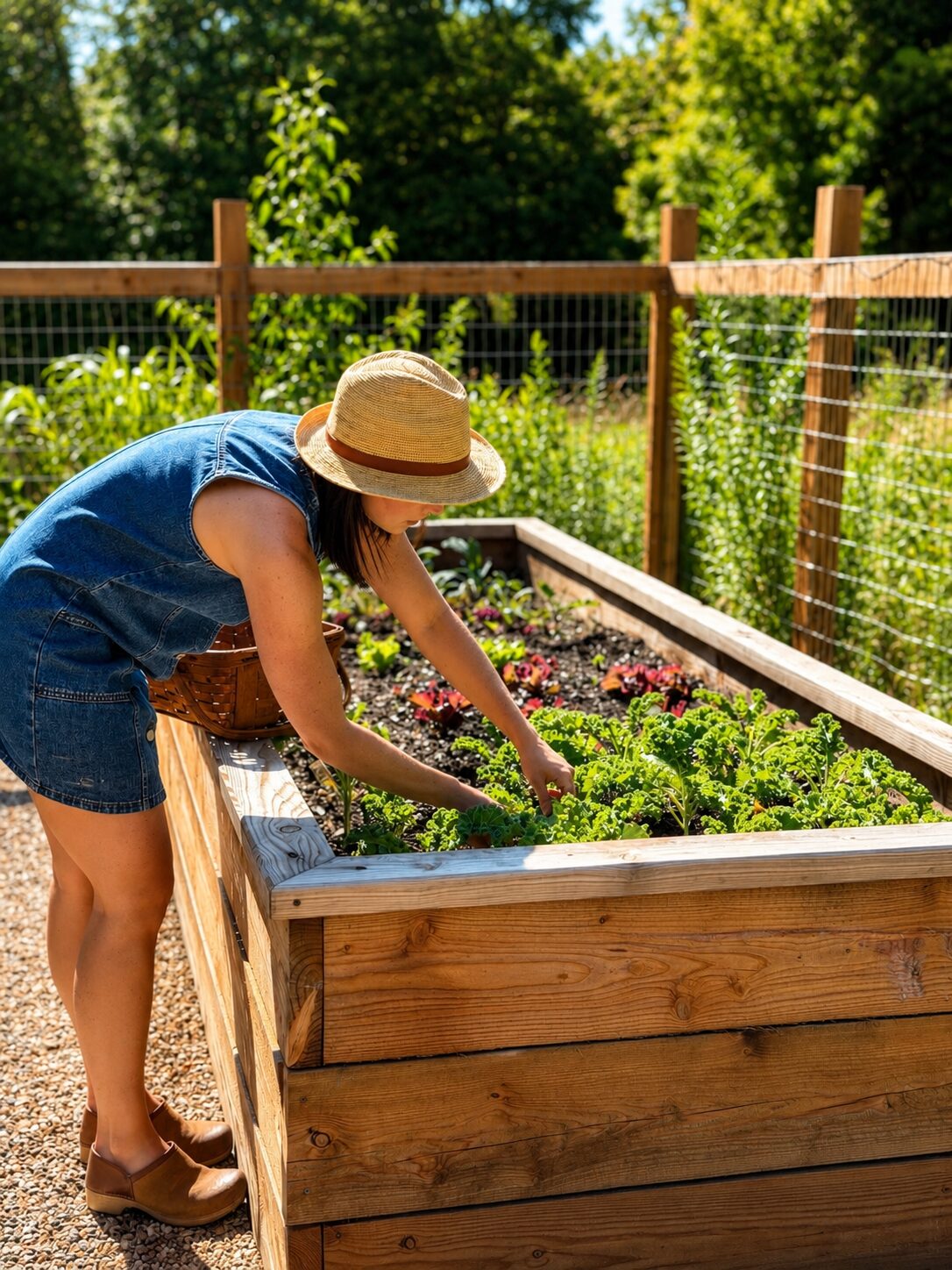 Harvesting kale and lettuce from a raised garden bed